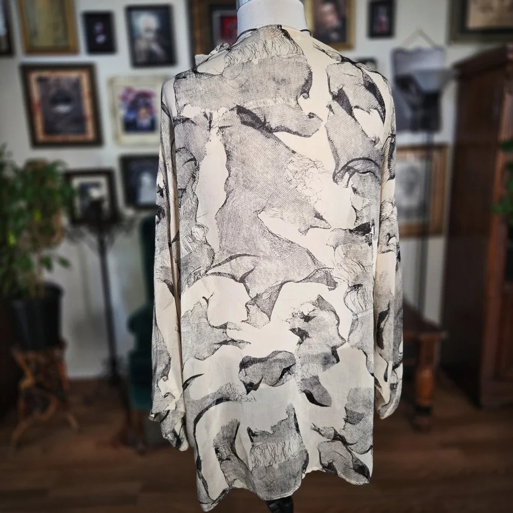 Vintage 90s Apropos‎ Sheer 100% Silk Abstract Art Wrap Blouse Boho Witchy Top